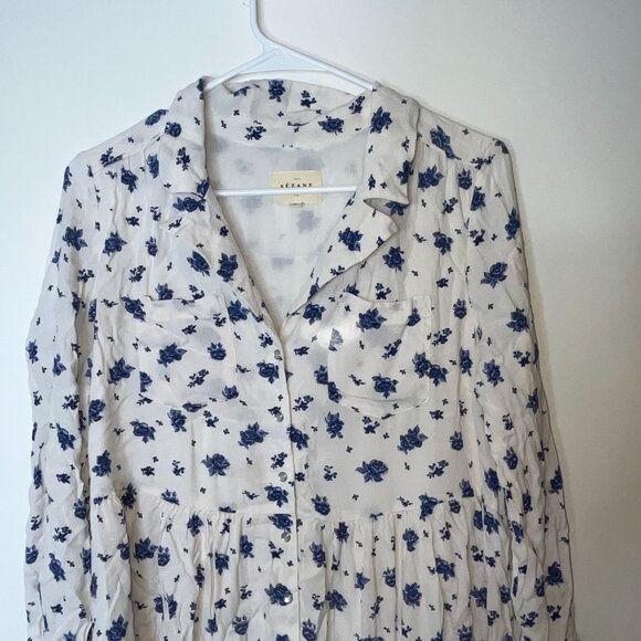 Sezane Aurora Dress White Floral Button-Up Dress blue rose 38 6 tiered short - Picture 5 of 10